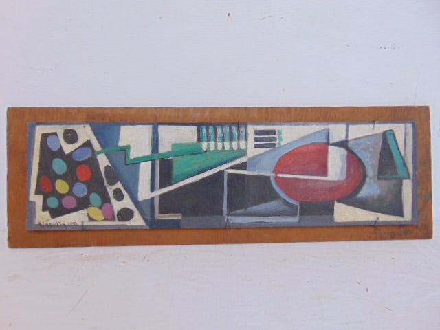 Painting, Harry Crowley, "Jelly Bean Revolution and Escape of a Leader"1942, oil on wood board, 5.5": Painting, Harry Crowley, "Jelly Bean Revolution and Escape of a Leader"1942, oil on wood board, 5.5" by 20.5", total size is 7 3/8" by 22.75"