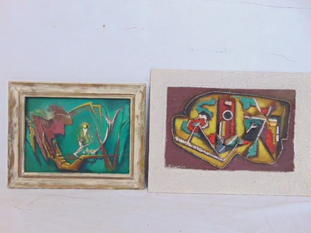 2 paintings, mixed media, Harry Crowley, "The Pasture", mixed media on Masonite, various objects, 6" (1 of 9)