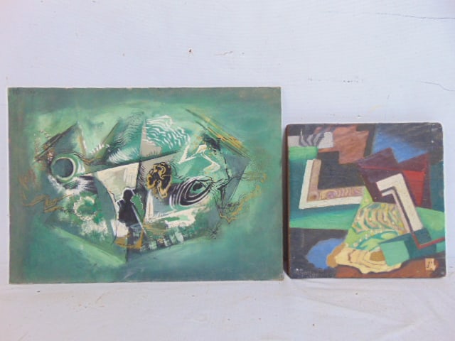 2 paintings, Harry Crowley, "Map of Insect World", oil on board, 10" by 14" & "Wood Grain Theme with (1 of 8)