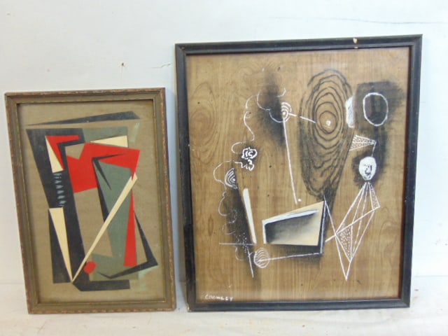 2 paintings, Harry Crowley, watercolor & charcoal on paper, 12.75" by 10 5/8" (framed) & "Non: 2 paintings, Harry Crowley, watercolor & charcoal on paper, 12.75" by 10 5/8" (framed) & "Non Objective Opus", collage, 10 5/8" by 7 1/8"