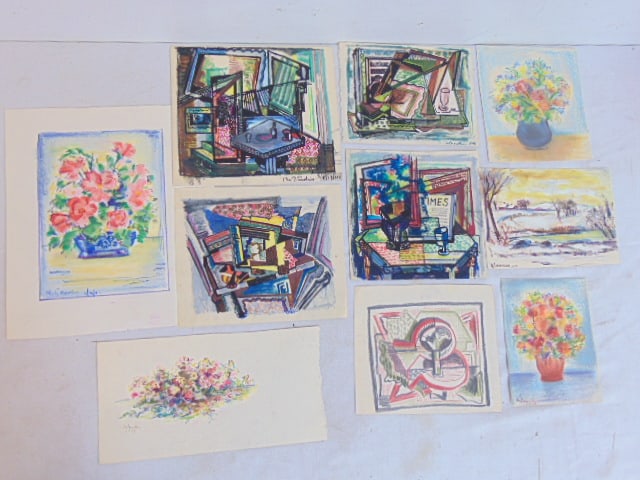 10 small paintings by Harry Crowley, various watercolors, includes abstracts, landscape, floral (1 of 12)