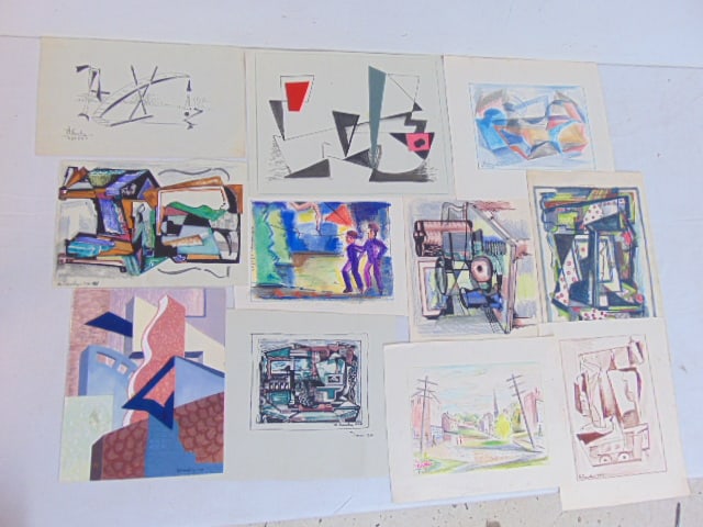 11 small paintings by Harry Crowley, various abstracts, plus one village scene, largest piece in (1 of 13)