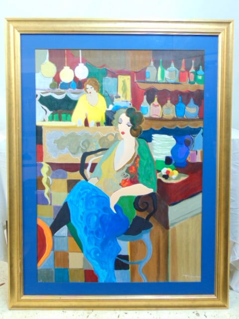 Serigraph, "Cafe Select III", by Itzchak Tarkay, marked V/C (Varied Canvas) limited edition, with: Serigraph, "Cafe Select III", by Itzchak Tarkay, marked V/C (Varied Canvas) limited edition, with certificate of authenticity by Logo Art, New York, 38.75" by 27.75" (sight), framed size is 49" by 38"