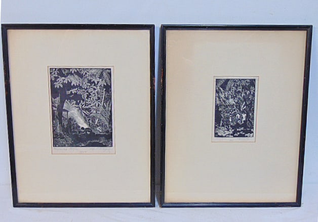 Two etchings by Lawrence Newbold Taylor, South Seas scenes, "Marquesas, edition 10/25", 6 5/8" by (1 of 7)