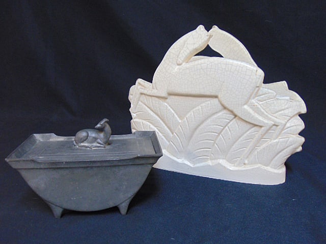 Art Deco craquelure ceramic planter, style of Charles Lemanceau with figural horse sides & Danish (1 of 8)