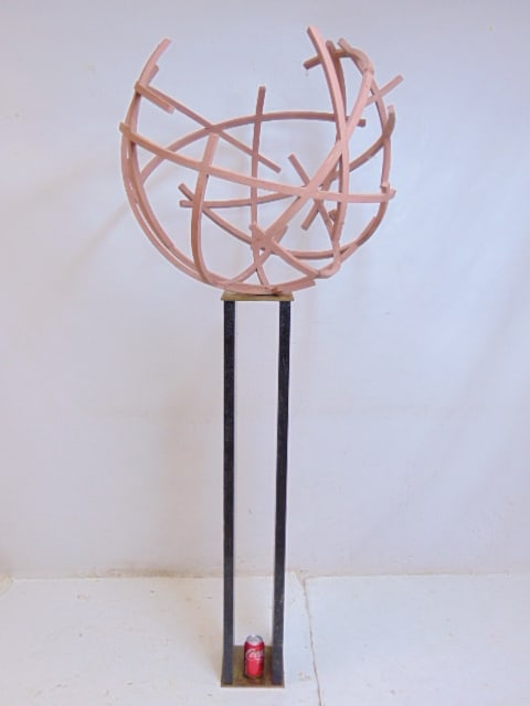 wood sculpture of wood & brass base, base height is 49 1/8", total height is 77", top sculpture in (1 of 5)