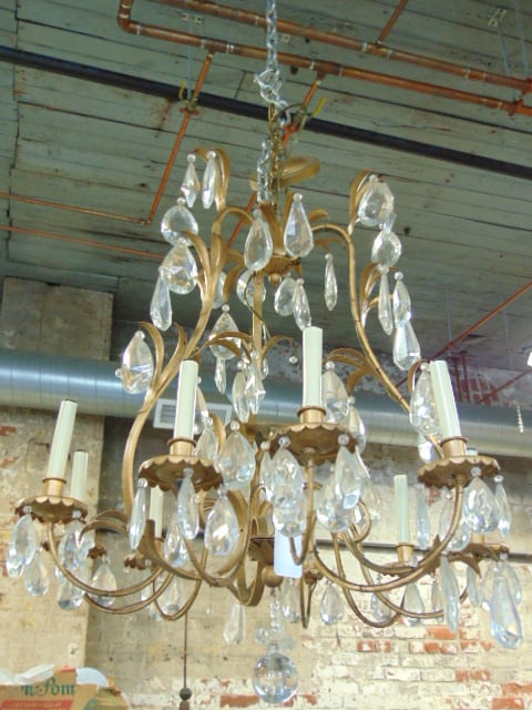 iron chandelier with hanging crystals, metal is gold painted, 9 arms, some crystals loose, few (1 of 5)