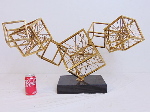 Cubist style brass sculpture on stone base, unsigned, one cube is loose, 30" wide, height is 18.5" (1 of 5)