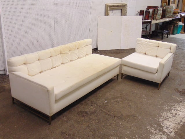 Mid Century sofa, modular two piece corner, Robsjohn-Gibbings style, white upholstered, brass base, (1 of 6)