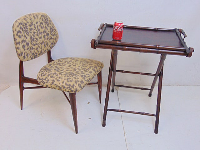 Rosewood Mid Century chair & tray table, chair has cross stretcher base, upholstered seat & back: Rosewood Mid Century chair & tray table, chair has cross stretcher base, upholstered seat & back support, 23" by 17" (ground level), height is 32", cross bar for back support is repaired, has chip, tr