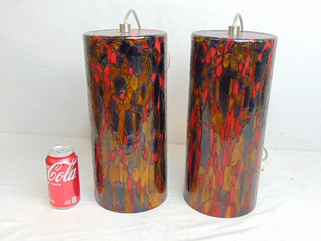 Pair art glass hanging fixtures, Encompass Lighting Group cylinder pendant lights, multicolored,: Pair art glass hanging fixtures, Encompass Lighting Group cylinder pendant lights, multicolored, each fixture is 14" tall and 6.5" wide, each has milk glass cylinder diffuser, good condition