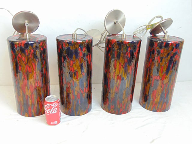 4 art glass hanging fixtures, Encompass Lighting Group cylinder pendant lights, multicolored, each (1 of 7)