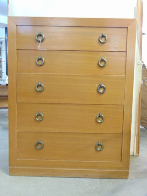 Mid Century blond wood 5 drawer chest with large ring pulls, manner of Baker, chest is 38" by: Mid Century blond wood 5 drawer chest with large ring pulls, manner of Baker, chest is 38" by 18.75", height is 49.25", has several small burn marks on top (images)