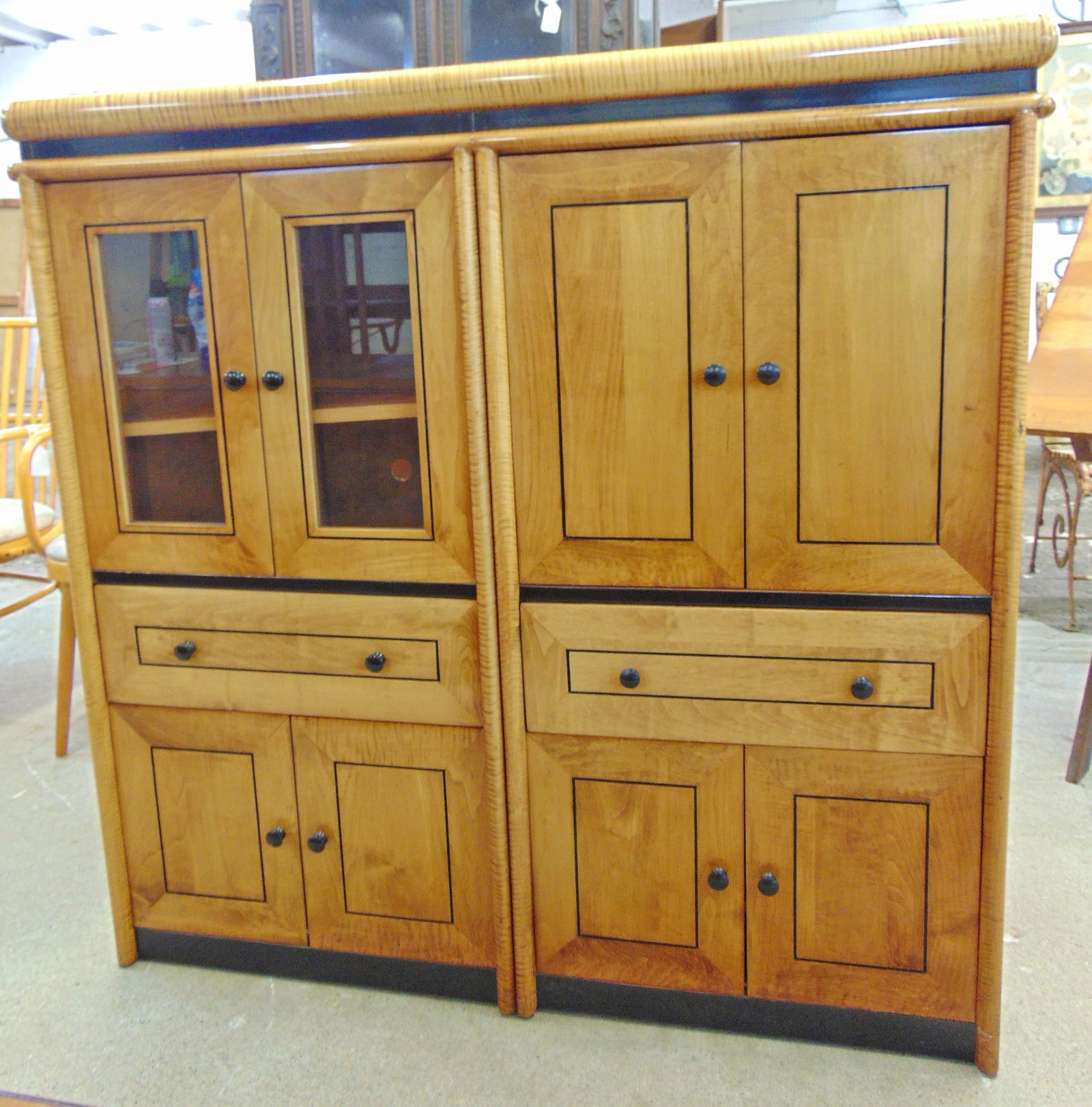 Fine quality tiger maple custom build cabinet, double door top & bottom, separated by two drawers, (1 of 6)