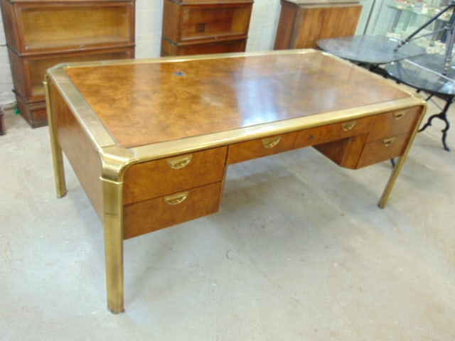 Hollywood Regency style John Widdicomb burl wood desk with brass legs & trim, desk is 72" by 36", (1 of 7)