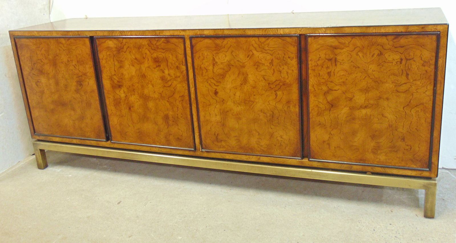 John Widdicomb Mid Century burl wood & brass credenza / sideboard, cabinet is 76" by 18", height is (1 of 8)