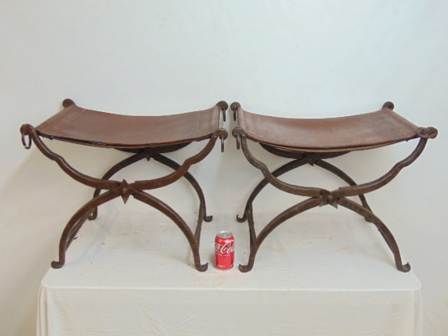 Pair Morgan Colt wrought iron & leather sling seat stools, 25.25" wide, 17.25" deep, height is (1 of 6)