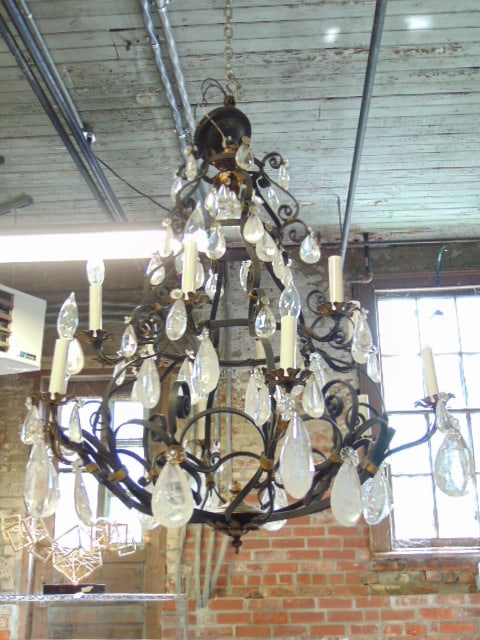 Iron & rock crystal hanging fixture, wrought iron chandelier has two tiers with 6 sockets each, has (1 of 6)