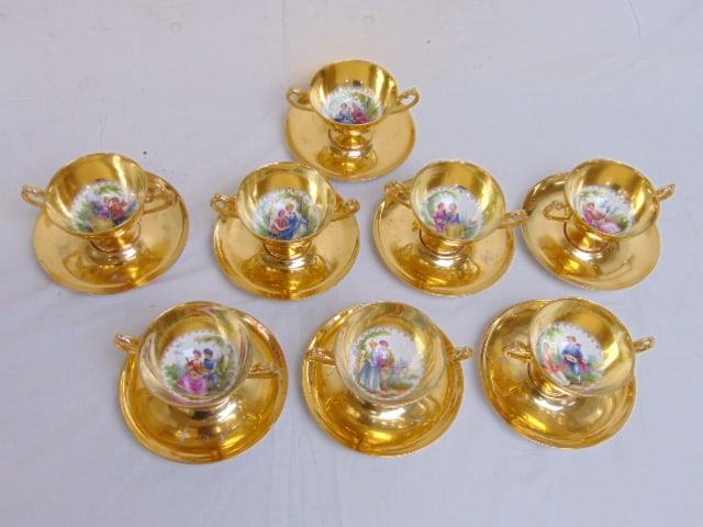 Set 8 Dresden gilt & paint decorated cups & saucers, good condition (1 of 6)