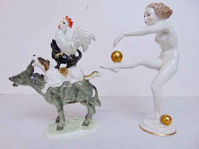 2 porcelain figurines by Hutschenreuther, art deco figurine of a nude woman balancing gold balls, by (1 of 8)