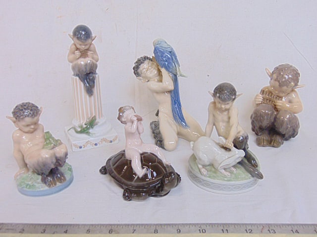 5 Royal Copenhagen & one Rosenthal Faun figures, includes Faun on Pillar with lizard, 8.25" tall;: 5 Royal Copenhagen & one Rosenthal Faun figures, includes Faun on Pillar with lizard, 8.25" tall; Faun with parrot, 7.25" tall, Faun with rabbit, 5.25" tall, Faun riding turtle by Ferdinand Liebermann