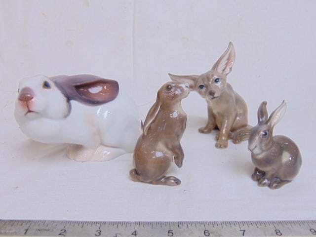 4 Dahl Jensen porcelain figurines, large white bunny with brown ears desert fox & 2 small brown (1 of 8)