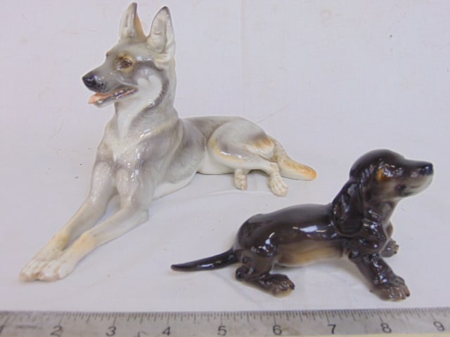 2 Nymphenburg porcelain figurines of dogs, German Shepherd, 9.5" long, 5.5" tall & small Dachshund (1 of 7)