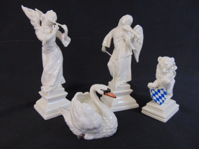 4 Nymphenburg blanc pair of porcelain figurines, angels playing string instrument & flute, swan, (1 of 9)
