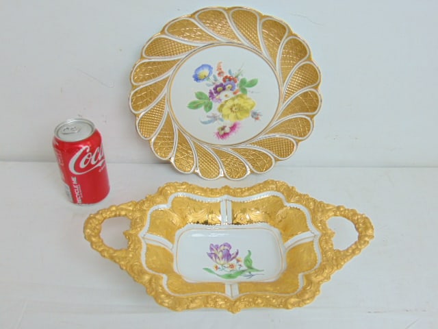 Meissen porcelain floral decorated plate & bowl with gilt detail, plate is 11", bowl with handles is (1 of 6)