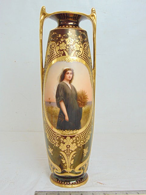 Paint decorated Austrian porcelain vase, "Ruth", signed Wagner, Beehive mark, old Christies label,: Paint decorated Austrian porcelain vase, "Ruth", signed Wagner, Beehive mark, old Christies label, with gilt detail, 16.5" tall,