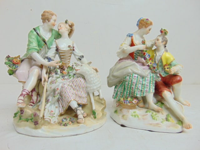 Pair Meissen porcelain courting groups, shepherd woman with sheep, man & woman with flowers, height (1 of 12)