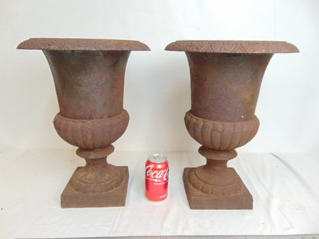 Pair small iron garden urns, 17" tall (1 of 6)