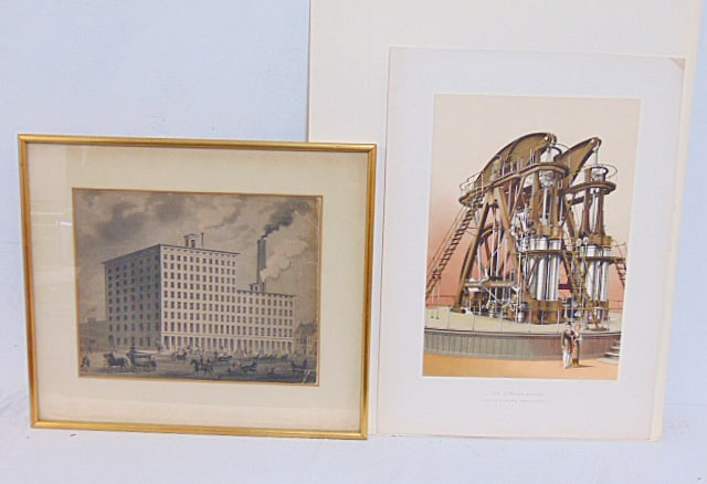 2 industrial prints, "The Corliss Engine", Chromo Litho by Cosack & Co, 19" by 13 7/8" (sheet) & (1 of 8)