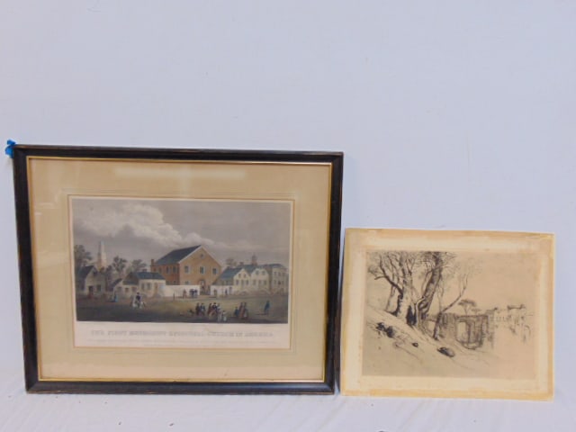 2 prints, Olive trees of the Riviera by Samuel Colman, 10.75" by 14.75" (scene) & "The First (1 of 5)