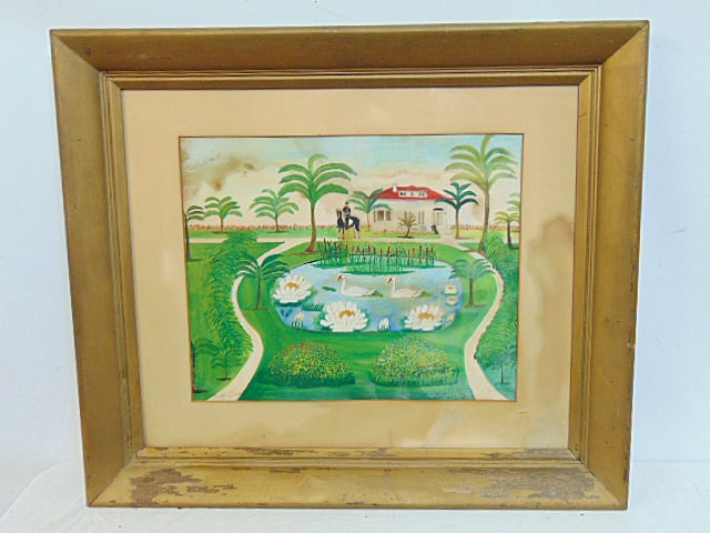 Painting, southern estate with pond, figure on horse, signed Philip Evergood, watercolor on paper, (1 of 6)