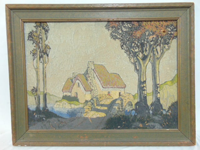 Painting, stone cottage by stone bridge, signed Stell, oil on board, some loss , chips lower right,: Painting, stone cottage by stone bridge, signed Stell, oil on board, some loss , chips lower right, painting is 18.75" by 26", framed size is 24" by 31.25"