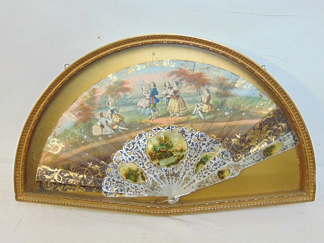 French framed folding fan, Napoleon III era, decorated with courting scenes, dancing figures & (1 of 6)