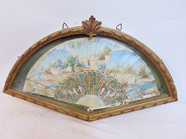 French framed folding fan, Napoleon III era, decorated with courting scenes, various figures, (1 of 7)