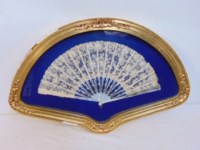 French framed folding fan, Napoleon III era, inlaid mother of pearl & floral decorated lace, case is (1 of 5)