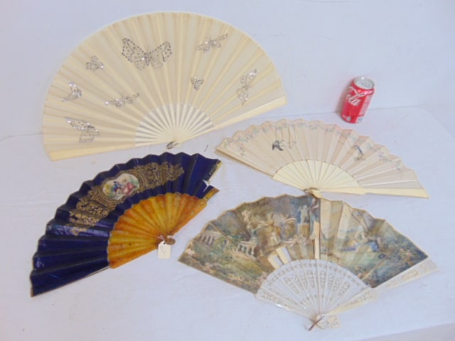 4 folding fans, mother of pearl & bone framed, Asian fan with silk bird on swing decoration, fine (1 of 12)