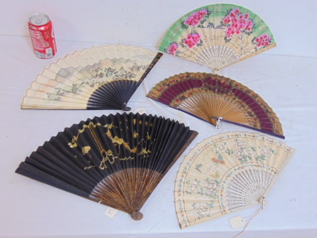 5 folding fans, black lacquered Japanese fan with landscape decoration, small fan with gilt & (1 of 13)