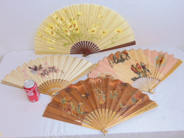 4 large folding fans, floral decorated fan, bird decorated on silk, and two Spanish fans with (1 of 13)