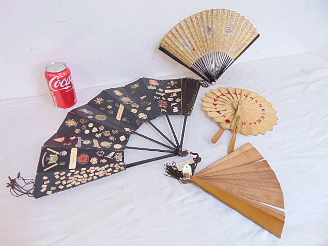 4 folding fans, unique Victorian autograph and conversation fan with writing, wood autograph fan (as (1 of 19)
