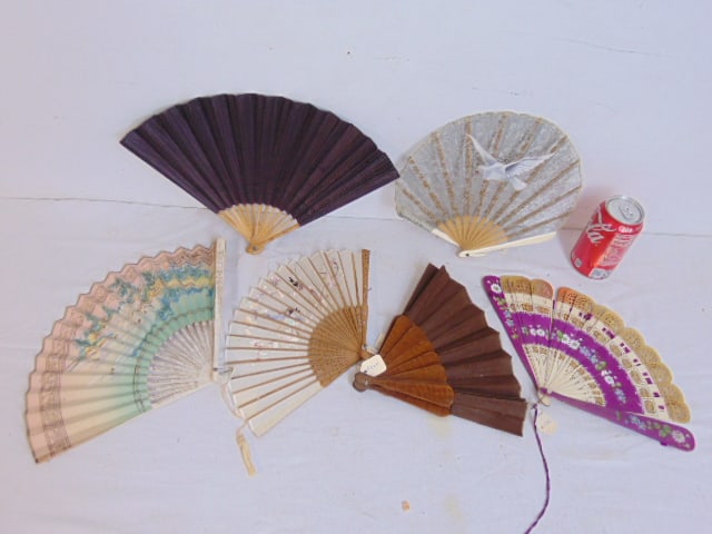 Lot 6 decorative folding fans, small lace fan with bird decoration, lace fan with flying white bird, (1 of 12)
