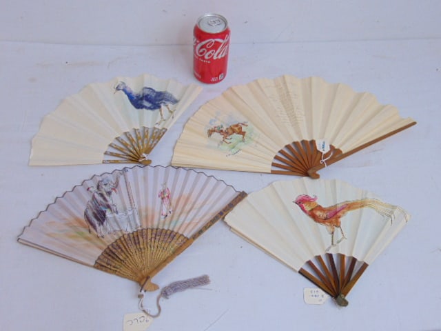 4 folding fans, hand painted watercolor scenes, "Grand Prix de Paris" horse racing scene, 2 with (1 of 12)
