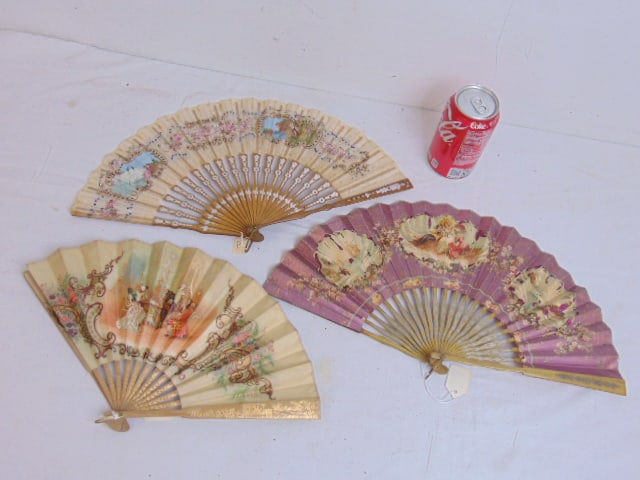 3 decorative folding fans, paint decorated with various scenes, 2 paper and one lace, 9" (1 of 12)