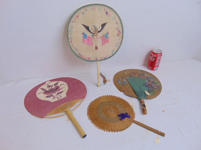 4 fans, 3 bamboo, one bone, bamboo fan with floral painted decoration, 14", small bamboo fan with (1 of 13)