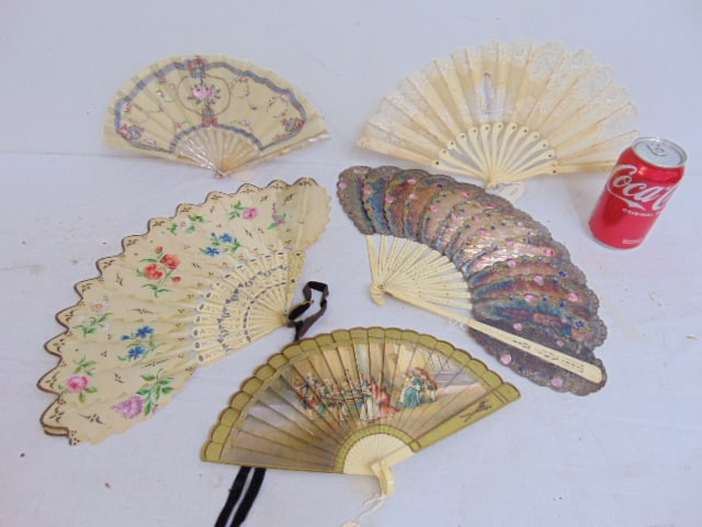 5 folding fans, lace & bone with painted figure lace & mother of pearl fan with floral detail, (1 of 13)