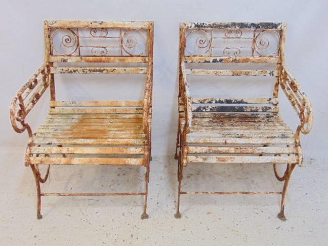 Pair iron garden arm chairs, old white paint, chairs are rusted, need cleaning, 21.75" wide, 17" (1 of 4)
