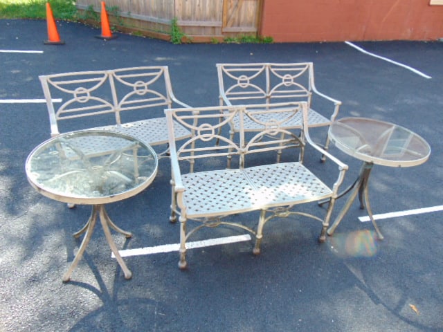 Cast aluminum outdoor patio furniture, 3 benches and two glass top side tables, benches are 42" (1 of 6)